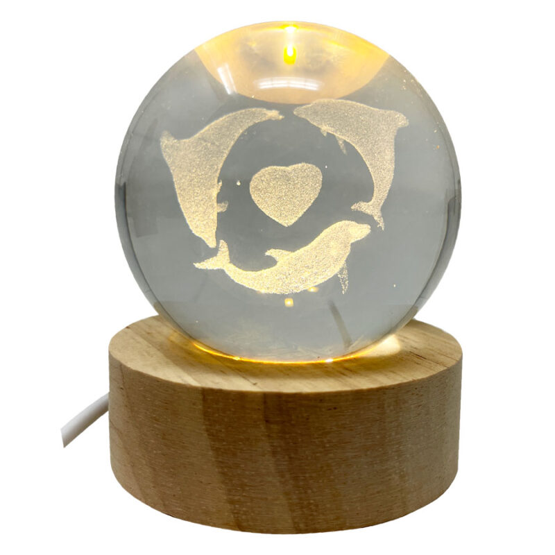 Μπάλα Γυάλινη Μικρή Φωτιστικό 3 Δελφίνια με Καρδιά