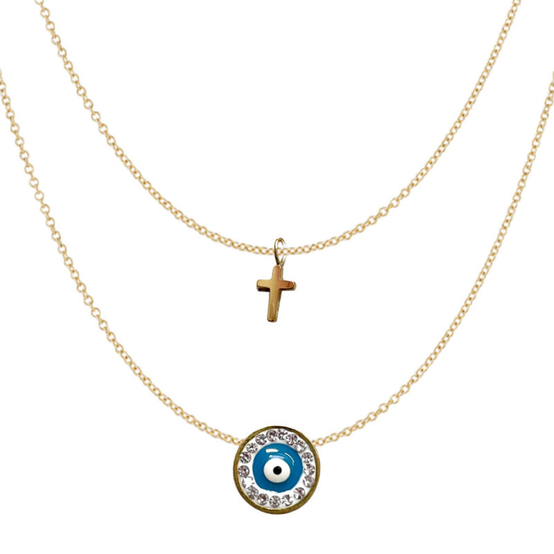 Κολιέ Διπλό Μάτι Σταυρός Χρυσό