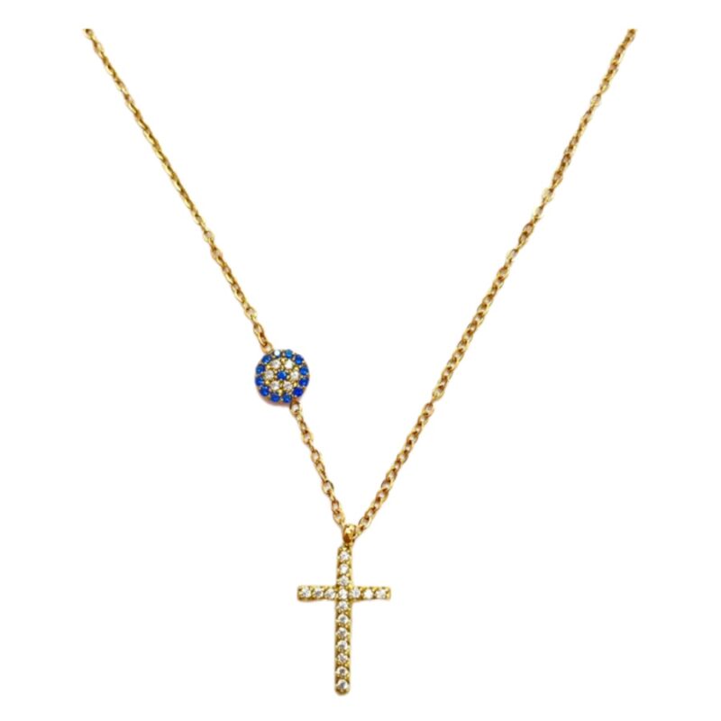 Κολιέ Stainless Steel Σταυρός Μάτι Strass Χρυσό