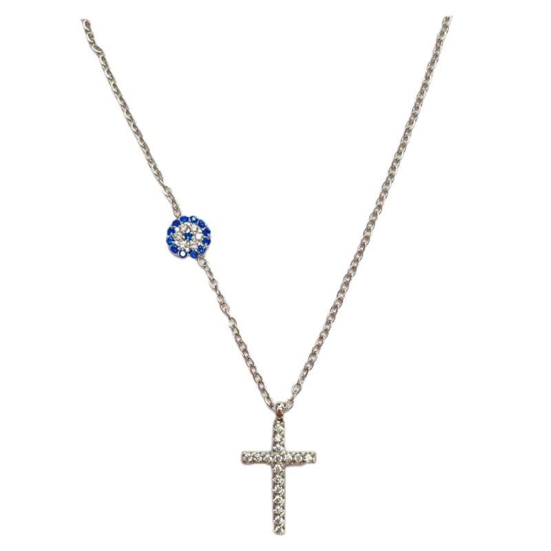 Κολιέ Stainless Steel Σταυρός Μάτι Strass Ασημί