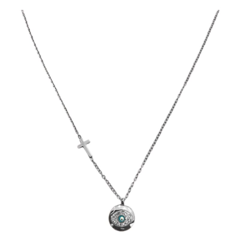 Κολιέ Stainless Steel Μικρό Μάτι με Σταυρό Strass Ασημί