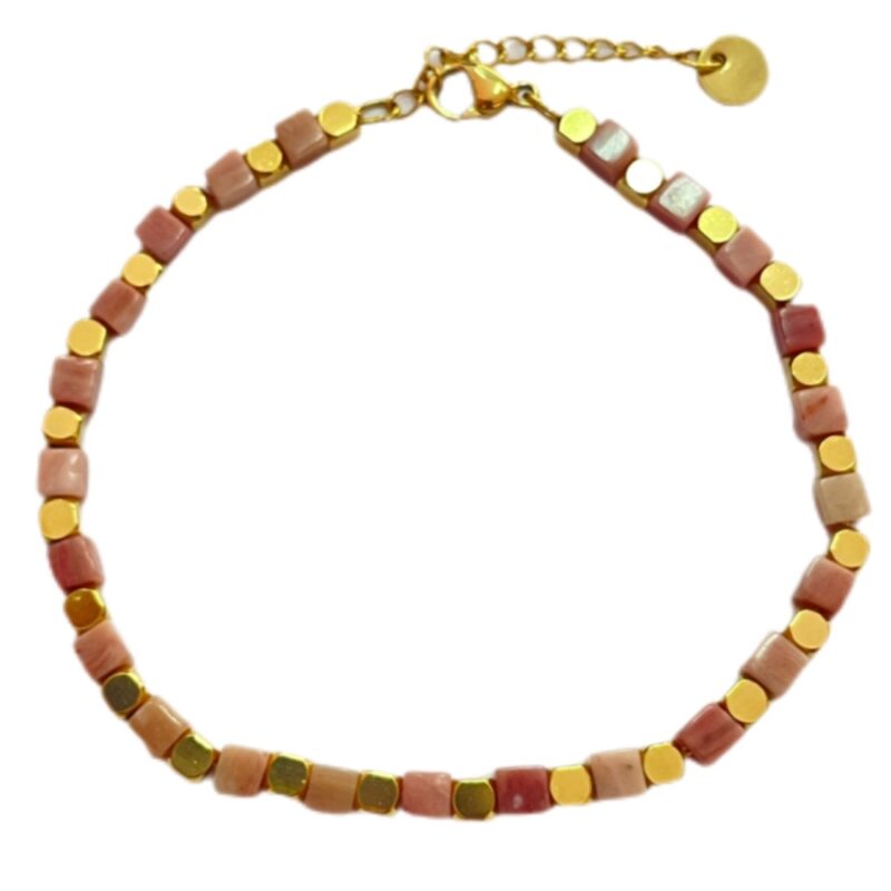 Βραχιόλι Stainless Steel Πέτρες Τετράγωνες Ροζ