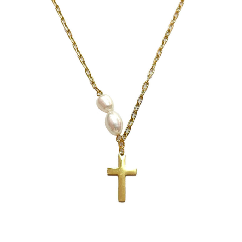 Κολιέ Stainless Steel Σταυρός με Δύο Πέρλες