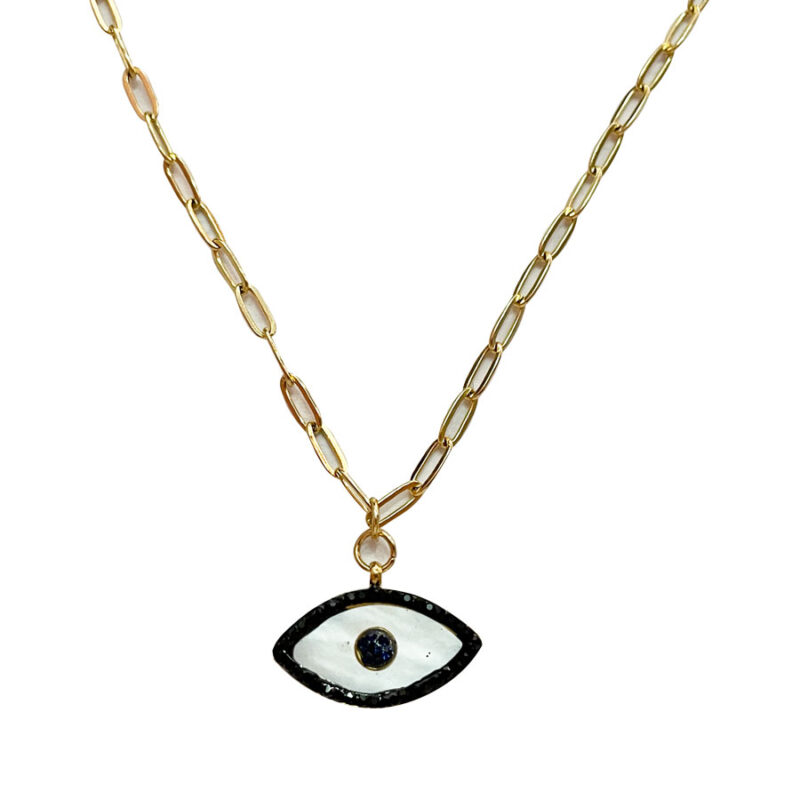 Κολιέ Stainless Steel Μάτι Οβάλ Μαύρα Strass