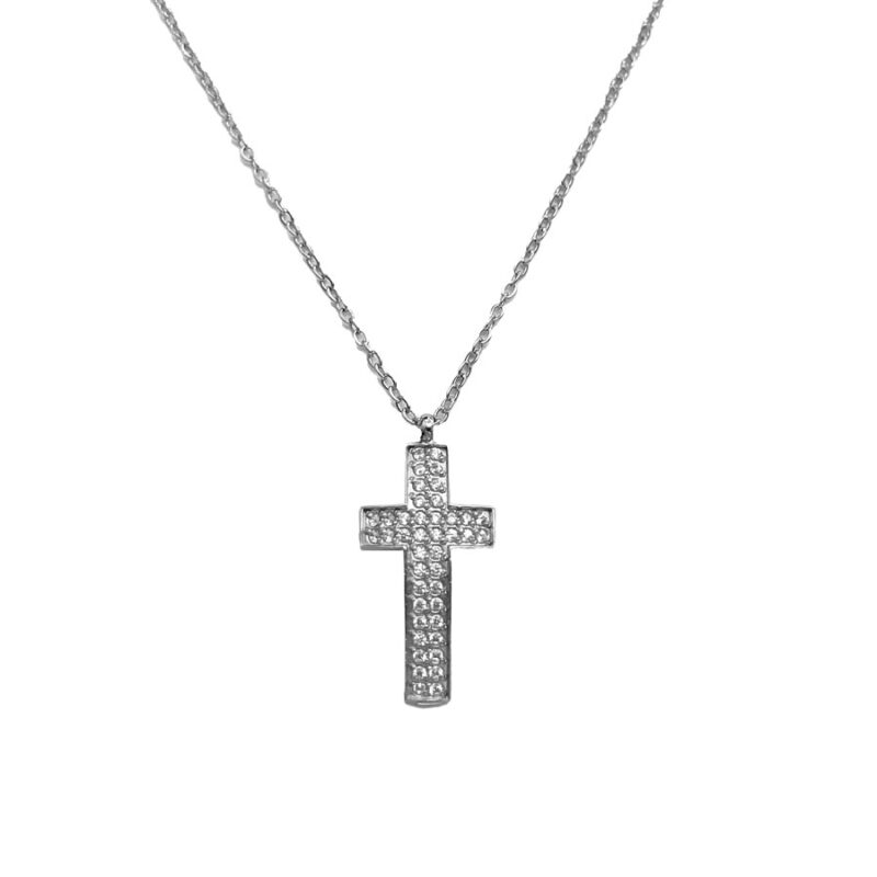 Κολιέ Stainless Steel Σταυρός με Εσωτερικά Strass Ασημί