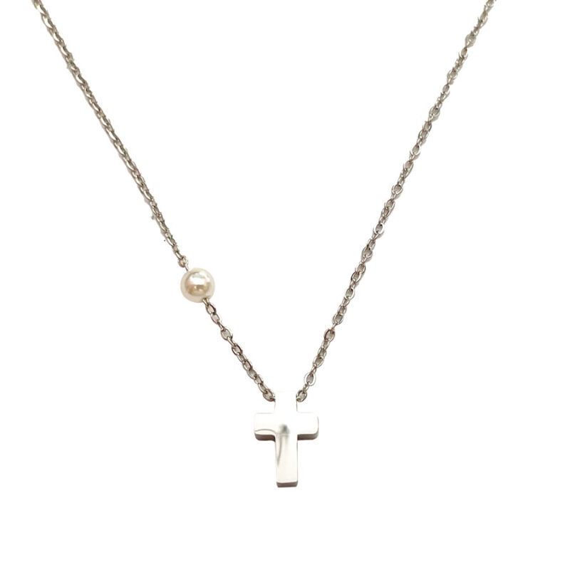 Κολιέ Stainless Steel Μικρός Σταυρός Πέτρα Ασημί
