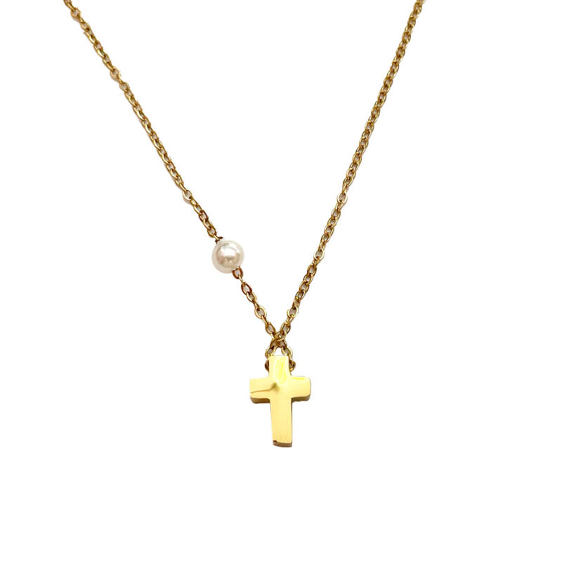 Κολιέ Stainless Steel Μικρός Σταυρός Πέτρα Χρυσό