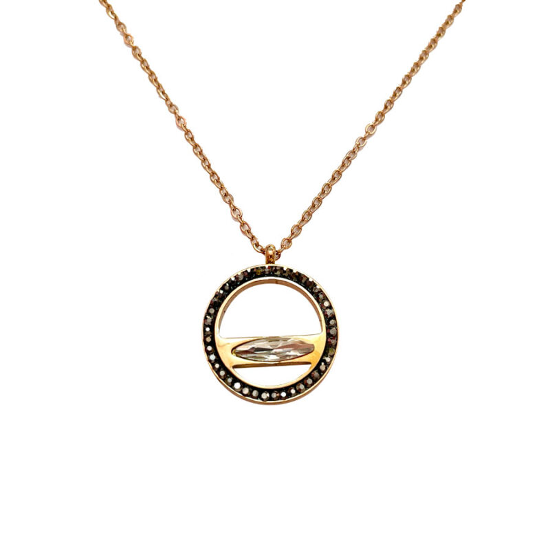 Κολιέ Stainless Steel Κύκλος Strass και Οβάλ Κεντρικό Χρυσό Μαύρο