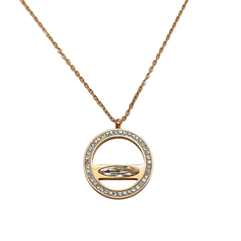 Κολιέ Stainless Steel Κύκλος Strass και Οβάλ Κεντρικό Ροζ Χρυσό Ασημί