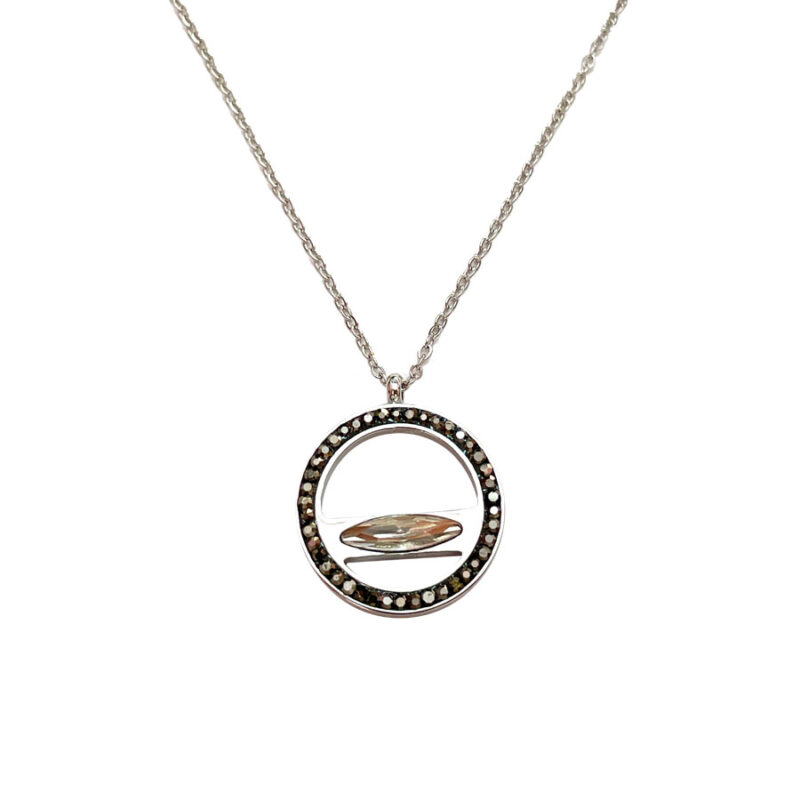 Κολιέ Stainless Steel Κύκλος Strass και Οβάλ Κεντρικό Ασημί Μαύρο