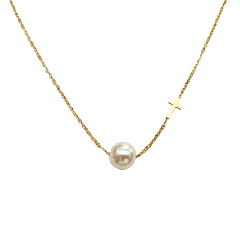 Κολιέ Stainless Steel Πέρλα Μικρός Σταυρός Χρυσό