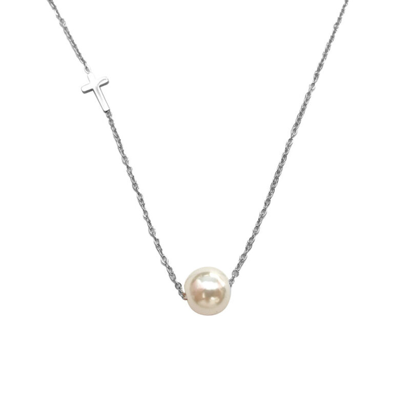 Κολιέ Stainless Steel Πέρλα Μικρός Σταυρός  Ασημί