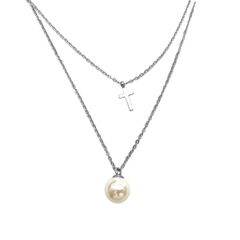 Κολιέ Stainless Steel Διπλό Πέρλα με Σταυρό Ασημί