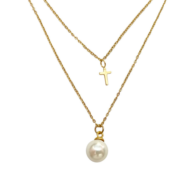 Κολιέ Stainless Steel Διπλό Πέρλα με Σταυρό Χρυσό