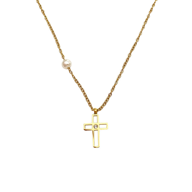 Κολιέ Stainless Steel Σταυρός Διάτρητος Μικρός Strass με Πέρλα Χρυσό