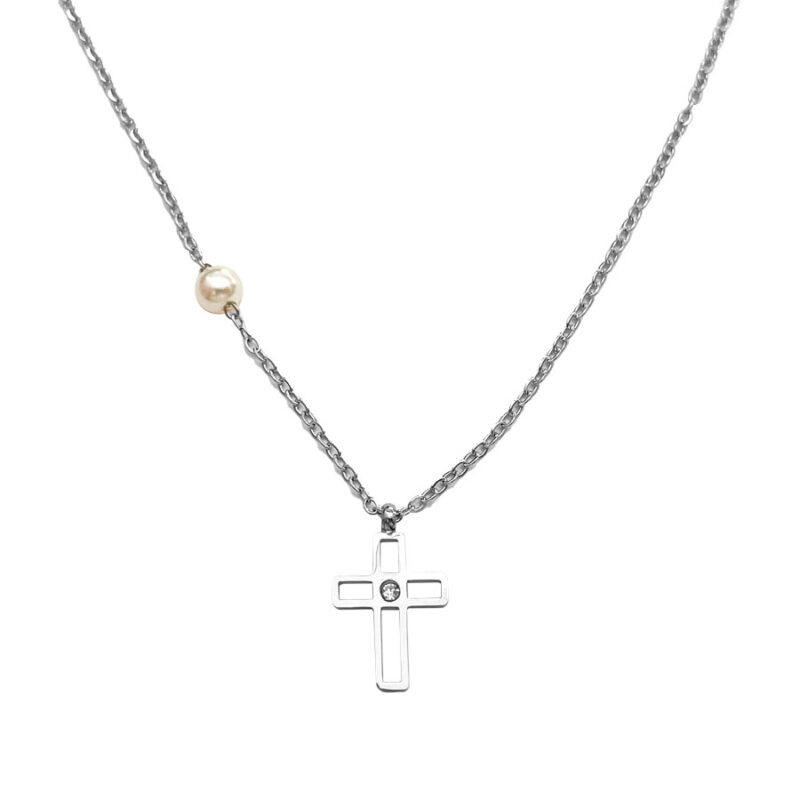 Κολιέ Stainless Steel Σταυρός Διάτρητος Μικρός Strass με Πέρλα Ασημί
