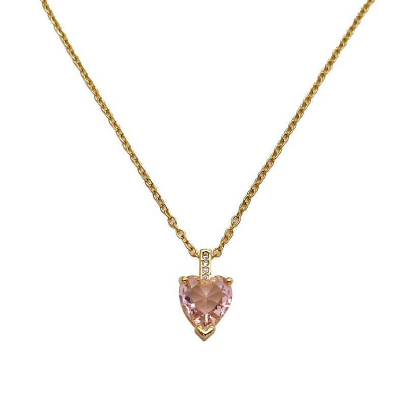 Κολιέ Stainless Steel Καρδιά Πέτρα Ροζ