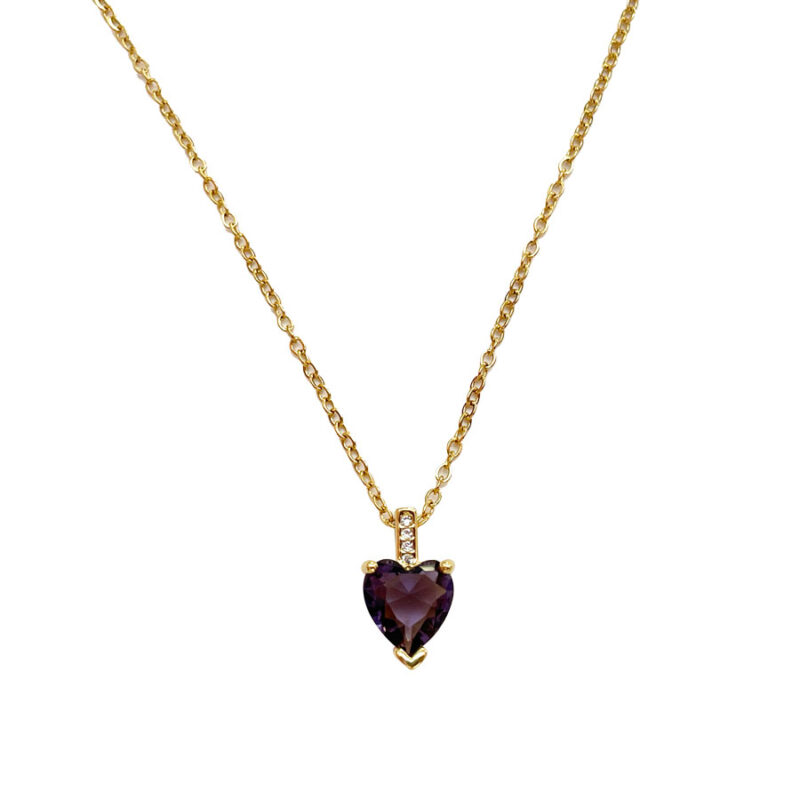 Κολιέ Stainless Steel Καρδιά Πέτρα Μωβ