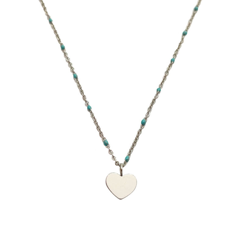 Κολιέ Stainless Steel Καρδιά Μπλε Μπάλες στην Αλυσίδα Ασημί