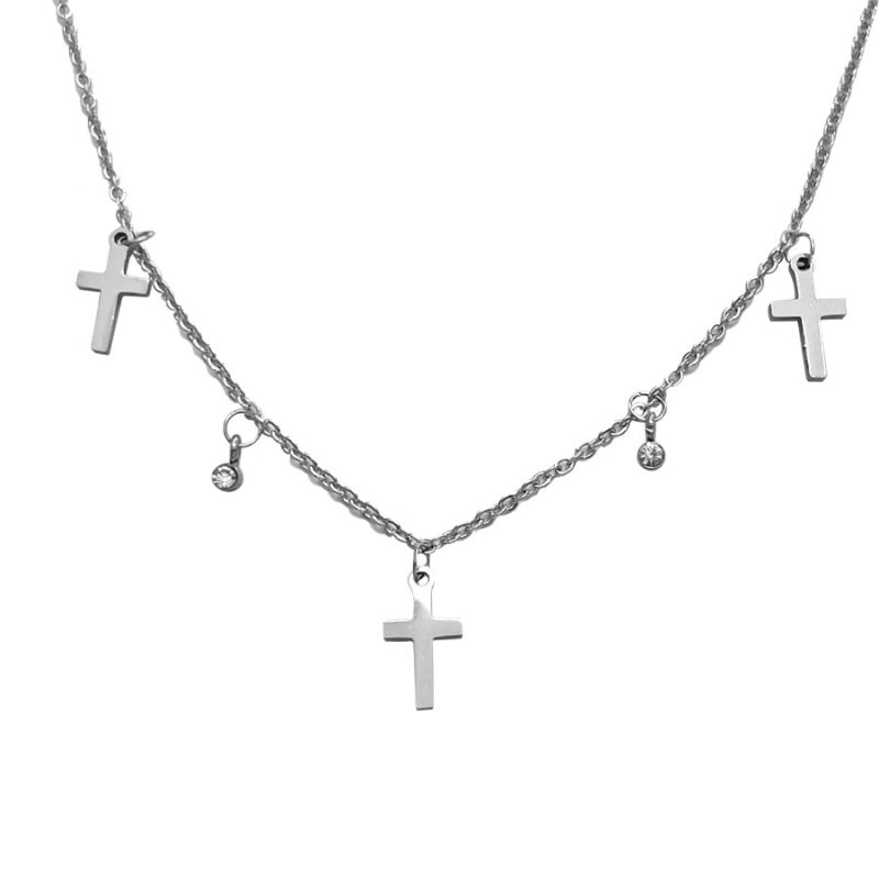 Κολιέ Stainless Steel Τριπλά Σταυρουδάκια με Strass Ασημί