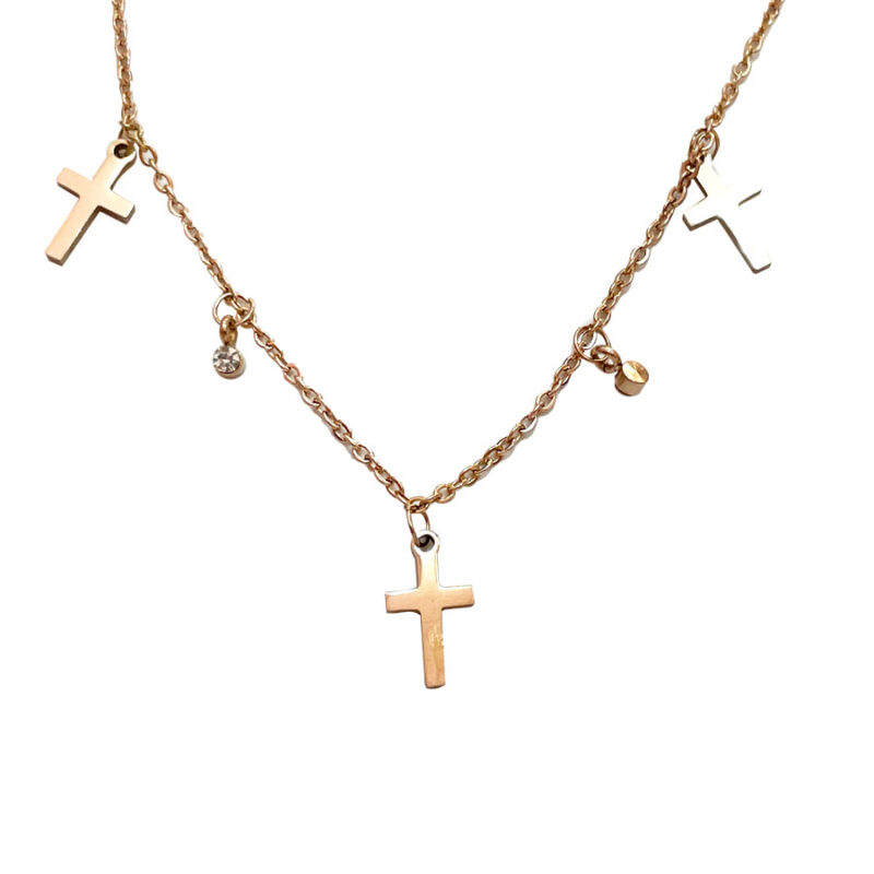 Κολιέ Stainless Steel Τριπλά Σταυρουδάκια με Strass Χρυσό