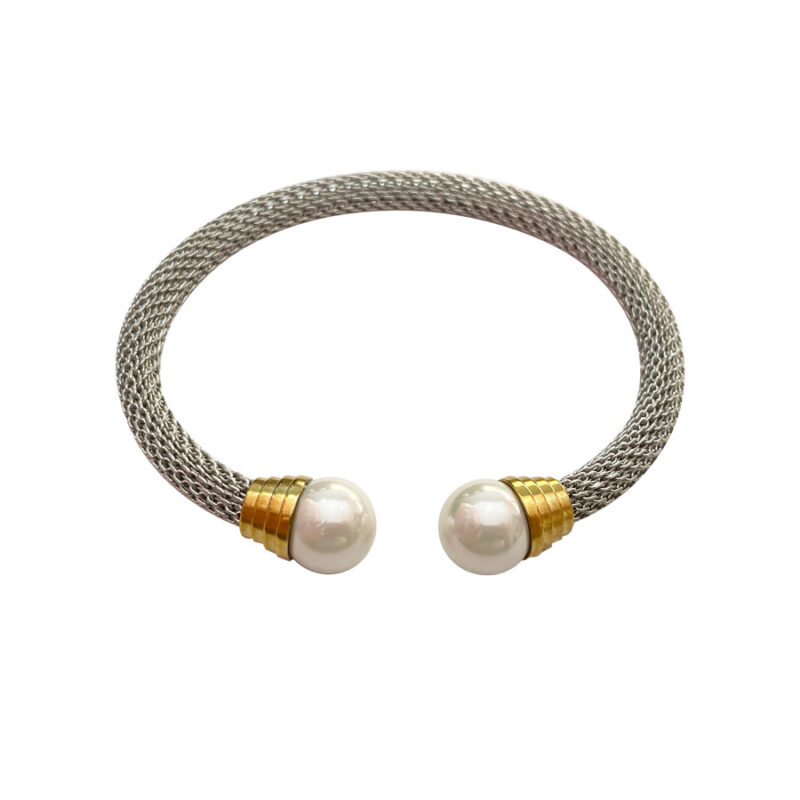 Χειροπέδα Stainless Steel Ασημί Χρυσή Πέρλα