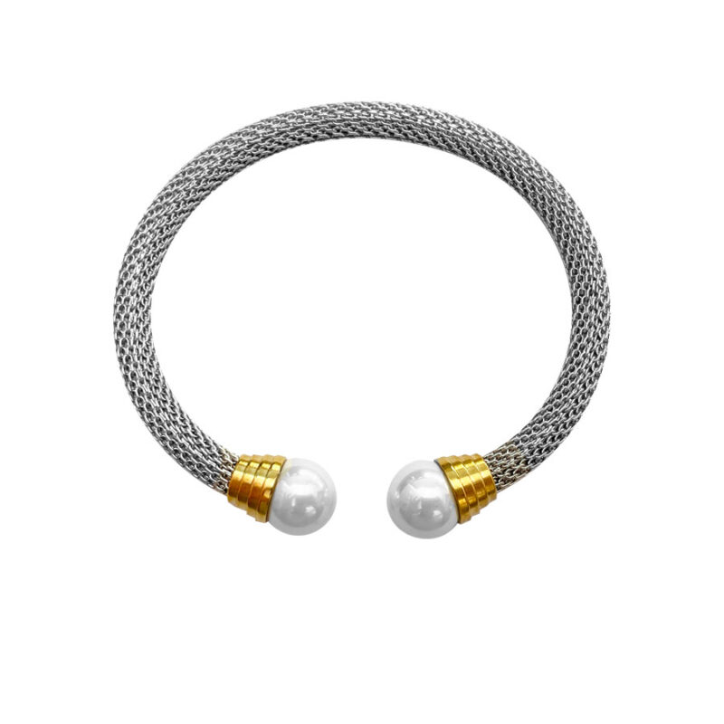 Χειροπέδα Stainless Steel Ασημί Χρυσή Πέρλα
