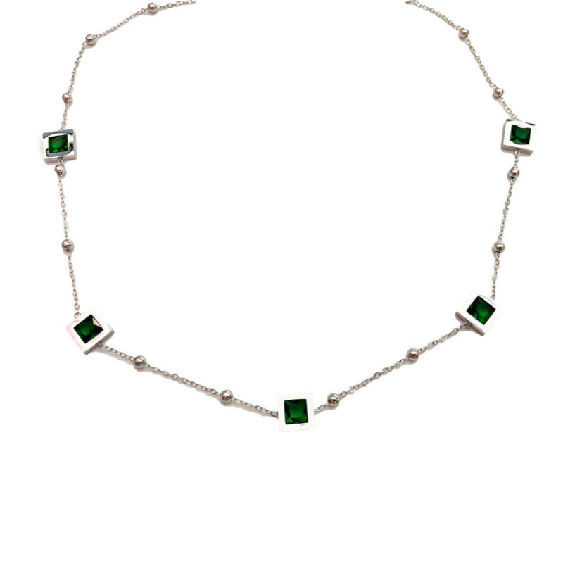 Κολιέ Stainless Steel Τετράγωνα με Πέτρα Πράσινο