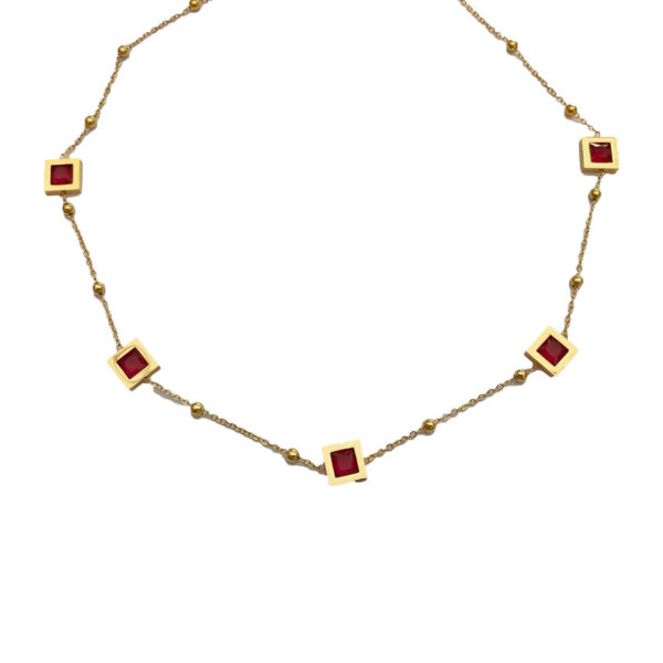 SUN-0000420-(2) Κολιέ Stainless Steel Τετράγωνα με Πέτρα Κόκκινο