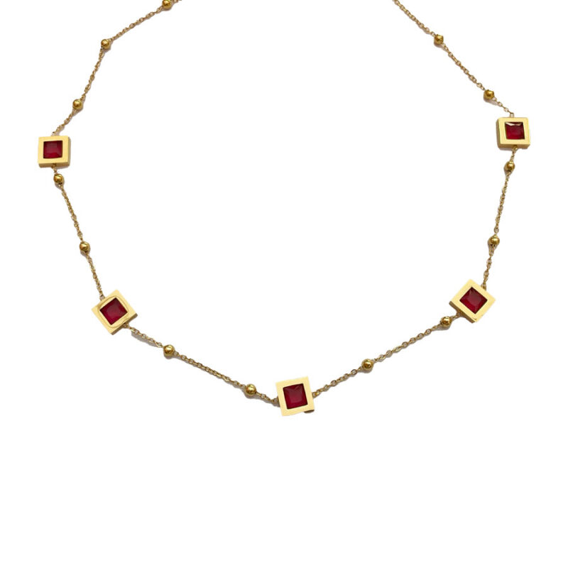Κολιέ Stainless Steel Τετράγωνα με Πέτρα Κόκκινο