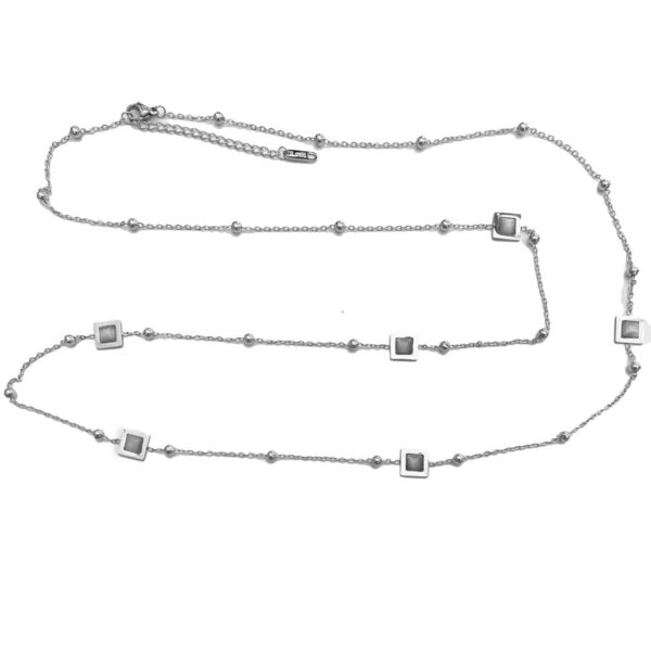 SUN-0000421-(1) Κολιέ Stainless Steel Τετράγωνα με Πέτρα Μακρύ Ασημί