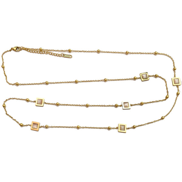 SUN-0000421-(2) Κολιέ Stainless Steel Τετράγωνα με Πέτρα Μακρύ Χρυσό