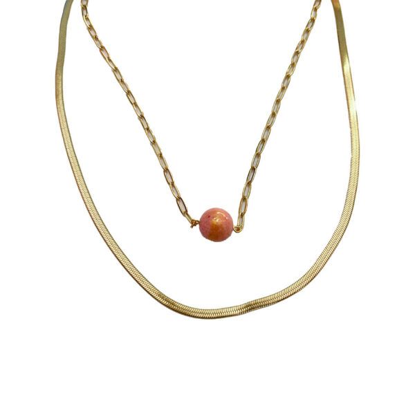 Κολιέ Stainless Steel Απλό Αλυσίδα Μπίλια Ροζ