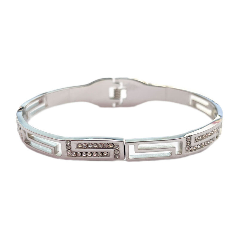 Χειροπέδα Stainless Steel Ορθογώνιο Μέανδρος Strass Εναλλάξ Ασημί