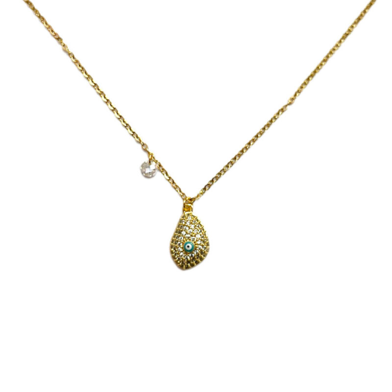Κολιέ Stainless Steel Δάκρυ με Strass Μικρό Ματάκι Χρυσό