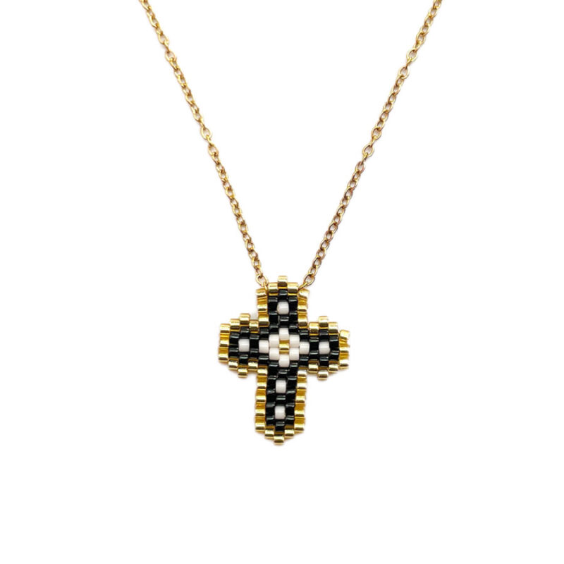 Κολιέ Stainless Steel Πλεκτό Σταυρός Μαύρο